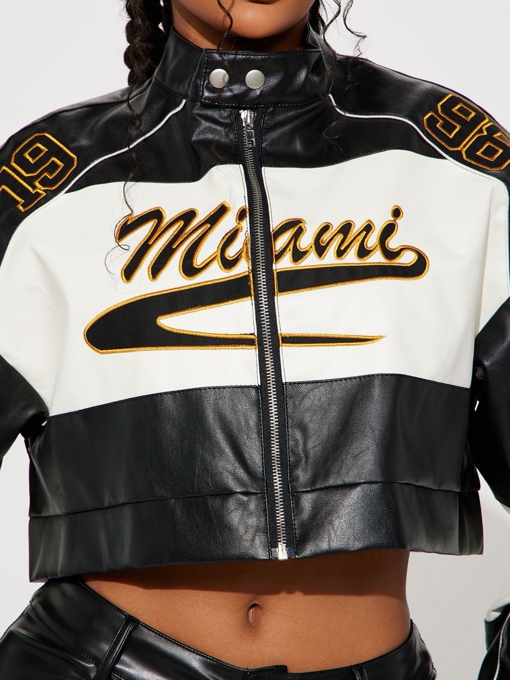 Fashion Nova Black and White 'Miami' Cropped Varsity Jacket with Gold Trim